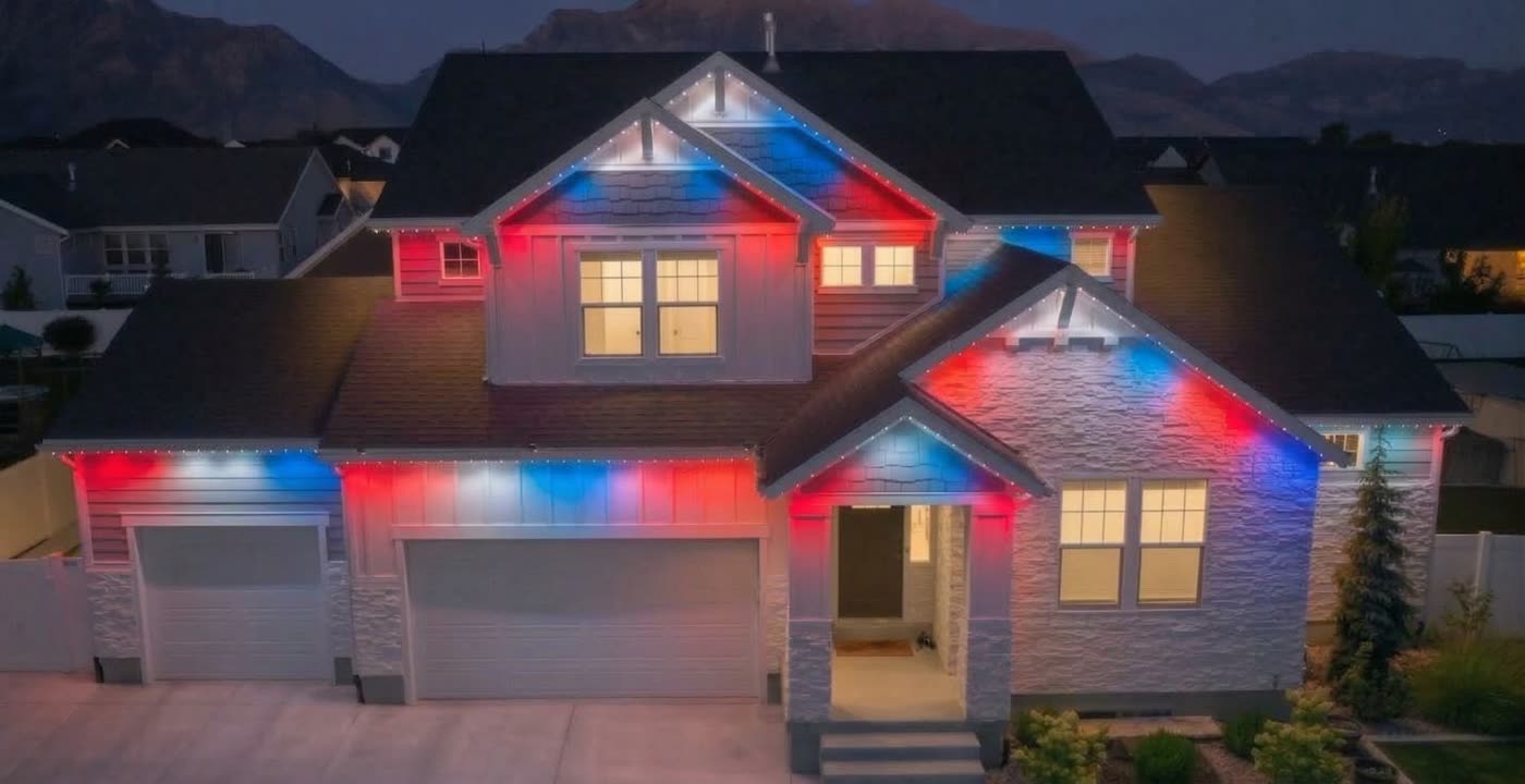 Home in red, white and blue patriotic lighting