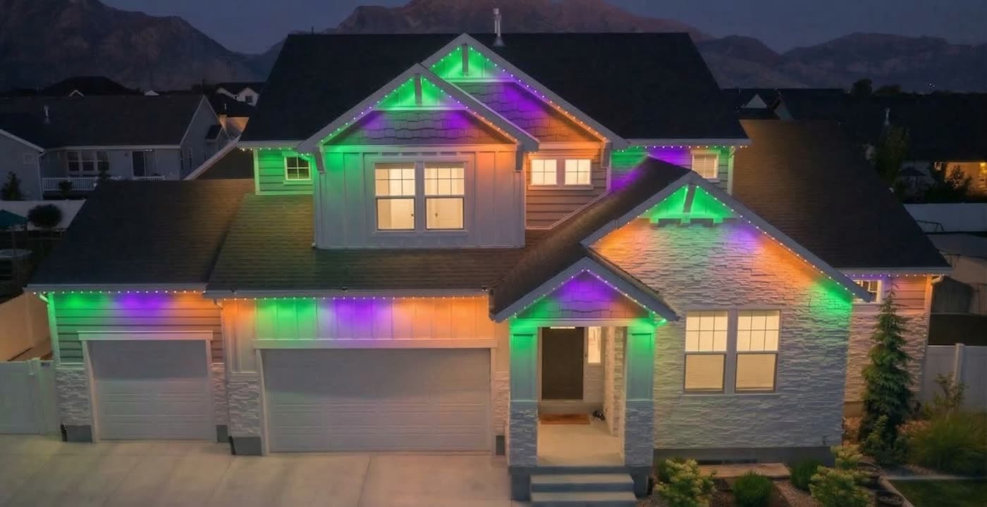 Home in orange and purple Halloween lighting